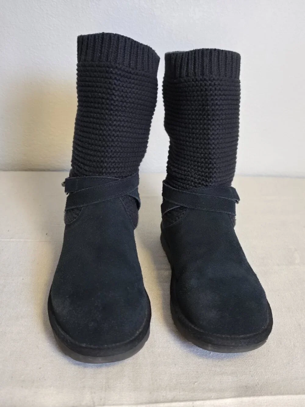 UGG Purl Strap Boot 1098080 Black Suede Knit Cuff Wool Lined Women's Size 10